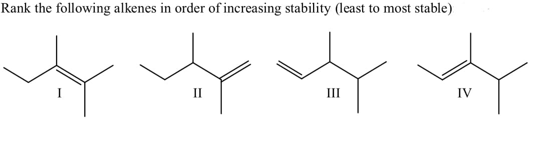 Rank the following alkenes in order of increasing stability (least to most stable)
I
II
III
IV
