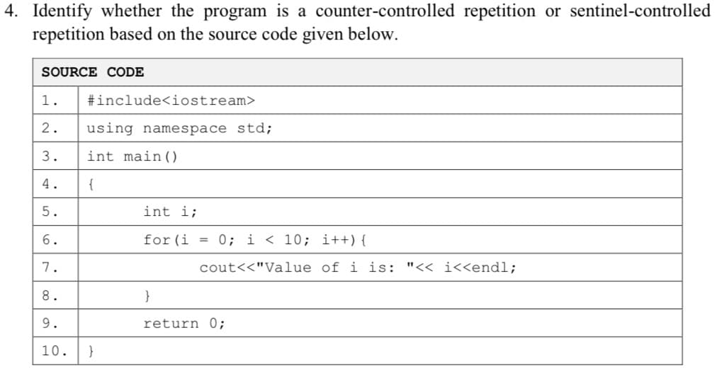 4. Identify whether the program is a counter-controlled repetition or sentinel-controlled
repetition based on the source code given below.
SOURCE CODE
1.
#include<iostream>
2.
using namespace std;
3.
int main()
4.
{
5.
int i;
6.
for (i = 0; i < 10; i++){
7.
cout<<"Value of i is: "<< i<<endl;
8.
}
9.
return 0;
10.
