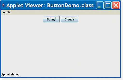 Applet Viewer: ButtonDemo.class
Applet
Applet started.
Sunny Cloudy
X
