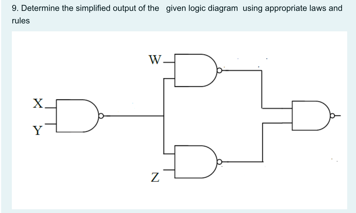 9. Determine the simplified output of the given logic diagram using appropriate laws and
rules
W.
X.
Y
