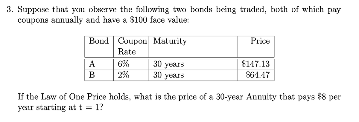 3. Suppose that you observe the following two bonds being traded, both of which pay
coupons annually and have a $100 face value:
Bond Coupon Maturity
Rate
A
B
6%
2%
30 years
30 years
Price
$147.13
$64.47
If the Law of One Price holds, what is the price of a 30-year Annuity that pays $8 per
year starting at t
= 1?