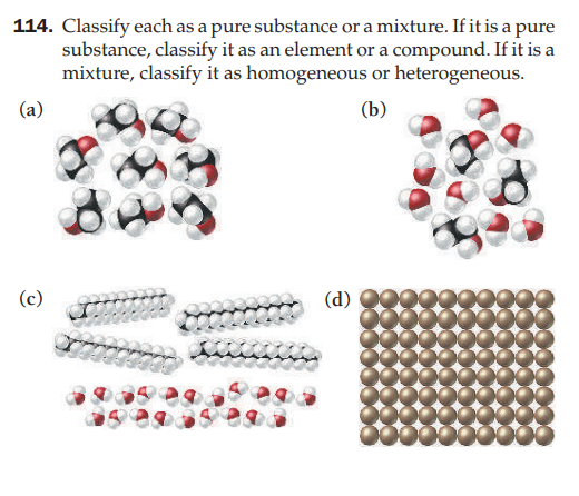114. Classify each as a pure substance or a mixture. If it is a pure
substance, classify it as an element or a compound. If it is a
mixture, classify it as homogeneous or heterogeneous.
(a)
(b)
(c)
(d)
