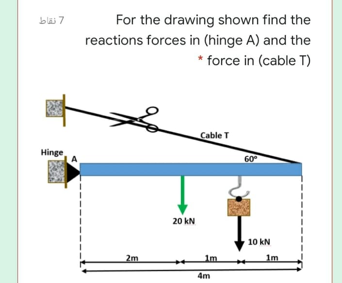 7 نقاط
For the drawing shown find the
reactions forces in (hinge A) and the
* force in (cable T)
Cable T
Hinge
A
60°
20 kN
10 kN
2m
1m
1m
4m

