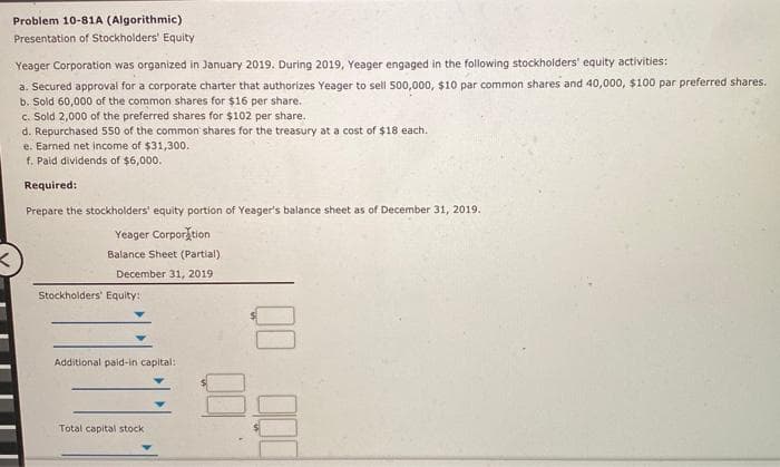 Problem 10-81A (Algorithmic).
Presentation of Stockholders' Equity
Yeager Corporation was organized in January 2019. During 2019, Yeager engaged in the following stockholders' equity activities:
a. Secured approval for a corporate charter that authorizes Yeager to sell 500,000, $10 par common shares and 40,000, $100 par preferred shares.
b. Sold 60,000 of the common shares for $16 per share.
c. Sold 2,000 of the preferred shares for $102 per share.
d. Repurchased 550 of the common shares for the treasury at a cost of $18 each.
e. Earned net income of $31,300.
f. Paid dividends of $6,000.
Required:
Prepare the stockholders' equity portion of Yeager's balance sheet as of December 31, 2019.
Yeager Corporation
Balance Sheet (Partial)
December 31, 2019
Stockholders' Equity:
Additional paid-in capital:
Total capital stock
000