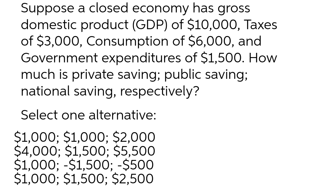 Suppose a closed economy has gross
domestic product (GDP) of $10,000, Taxes
of $3,000, Consumption of $6,000, and
Government expenditures of $1,500. How
much is private saving; public saving;
national saving, respectively?
Select one alternative:
$1,000; $1,000; $2,000
$4,000; $1,500; $5,500
$1,000; -$1,500; -$500
$1,000; $1,500; $2,500