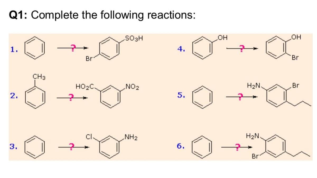 Q1: Complete the following reactions:
SO3H
HOH
1.
4.
Br
Br
CH3
HO2C.
NO2
H2N.
Br
5.
NH2
H2N.
6.
Br
2.
3.
