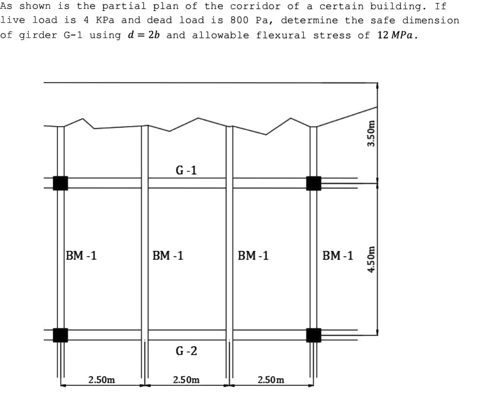 As shown is the partial plan of the corridor of a certain building. If
live load is 4 KPa and dead load is 800 Pa, determine the safe dimension
of girder G-1 using d = 2b and allowable flexural stress of 12 MPa.
G-1
BM-1
2.50m
BM-1
G-2
2.50m
BM-1
2.50m
BM-1
3.50m
4.50m