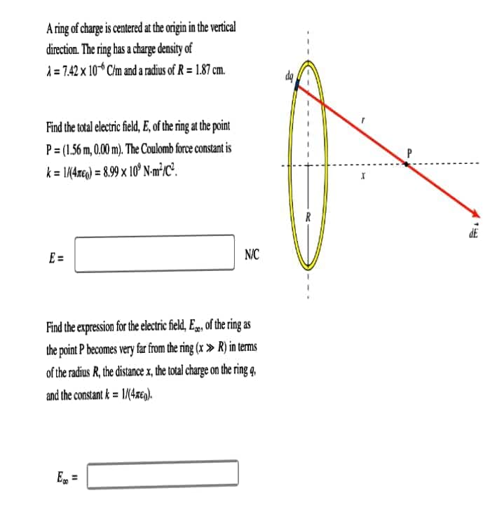 A ring of charge is centered at the origin in the vertical
direction. The ring has a charge density of
1 = 7.42 x 10* C/m and a radius of R = 1.87 cm.
da
Find the total electric field, E, of the ring at the point
P= (1.56 m, 0.00 m). The Coulomb force constant is
k = 1/(4xeg) = 8.99 × 10 N-m²/C².
R
dE
E =
N/C
Find the expression for the electric field, E-, of the ring as
the point P becomes very far from the ring (x » R) in terms
of the radius R, the distance x, the total charge on the ring q,
and the constant k = 1/(4x€n).
E, =
