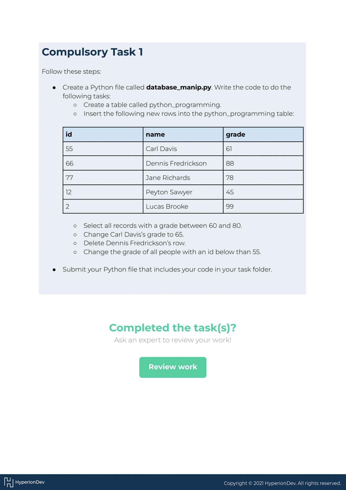 Compulsory Task 1
Follow these steps:
HHyperion Dev
Create a Python file called database_manip.py. Write the code to do the
following tasks:
O Create a table called python_programming.
Insert the following new rows into the python_programming table:
id
55
66
77
12
2
O
name
O
Carl Davis
Dennis Fredrickson
Jane Richards
Peyton Sawyer
Lucas Brooke
grade
61
Review work
88
78
45
Select all records with a grade between 60 and 80.
O Change Carl Davis's grade to 65.
O
Delete Dennis Fredrickson's row.
o Change the grade of all people with an id below than 55.
Submit your Python file that includes your code in your task folder.
99
Completed the task(s)?
Ask an expert to review your work!
Copyright © 2021 Hyperion Dev. All rights reserved.