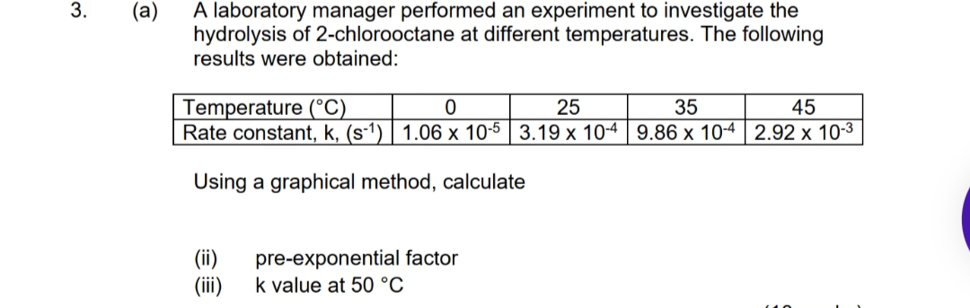3.
(а)
A laboratory manager performed an experiment to investigate the
hydrolysis of 2-chlorooctane at different temperatures. The following
results were obtained:
Temperature (°C)
Rate constant, k, (s1) | 1.06 x 10-5 | 3.19 x 10-4 | 9.86 x 104 | 2.92 x 10-3
25
35
45
Using a graphical method, calculate
pre-exponential factor
k value at 50 °C
(ii)
(ii)
