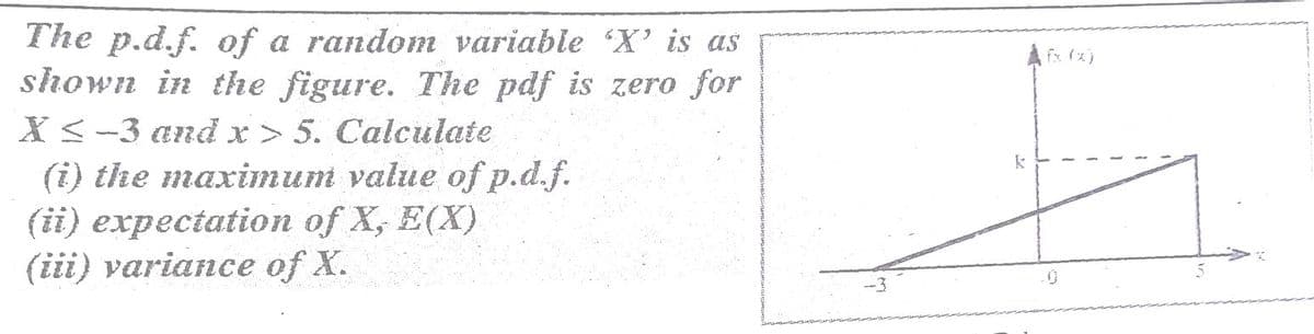 The p.d.f. of a random variable X' is as
shown in the figure. The pdf is zero for
X <-3 and x> 5. Calculate
(i) the maximum value of p.d.f.
(ii) expectation of X, E(X)
(iii) variance of X.
fx (x)
k
