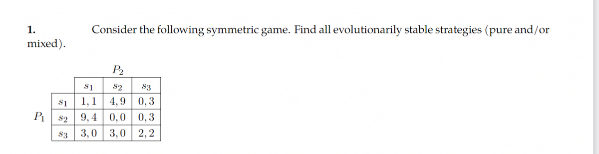 1.
Consider the following symmetric game. Find all evolutionarily stable strategies (pure and/or
mixed).
P2
S1
S2
S3
4,9 | 0,3
0,0 | 0,3
3,0 3,0 2,2
S1
1, 1
P1
S2
9,4
S3
