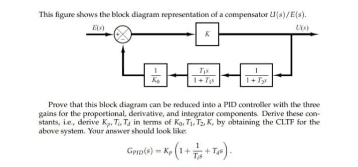 This figure shows the block diagram representation of a compensator U(s)/E(s).
E(S)
U(s)
K
Ko
TIS
1 + 7₁s
1+T₂s
Prove that this block diagram can be reduced into a PID controller with the three
gains for the proportional, derivative, and integrator components. Derive these con-
stants, i.e., derive Kp. Ti, Ta in terms of Ko, T₁, T2, K, by obtaining the CLTF for the
above system. Your answer should look like:
GPID (5) = Kp (1 +7 +Tas).