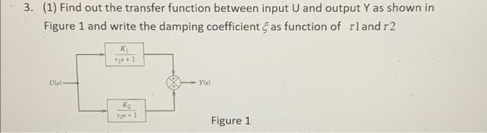 3. (1) Find out the transfer function between input U and output Y as shown in
Figure 1 and write the damping coefficient 5 as function of rland r2
Uls)
Yu)
K2
Figure 1
