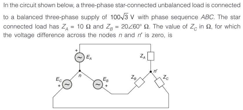 In the circuit shown below, a three-phase star-connected unbalanced load is connected
to a balanced three-phase supply of 100/3 V with phase sequence ABC. The star
connected load has Z, = 10 N and Z, = 20Z60° N. The value of Z, in N, for which
the voltage difference across the nodes n and n' is zero, is
ZA
EA
n'
Zc
n
Ec
EB
