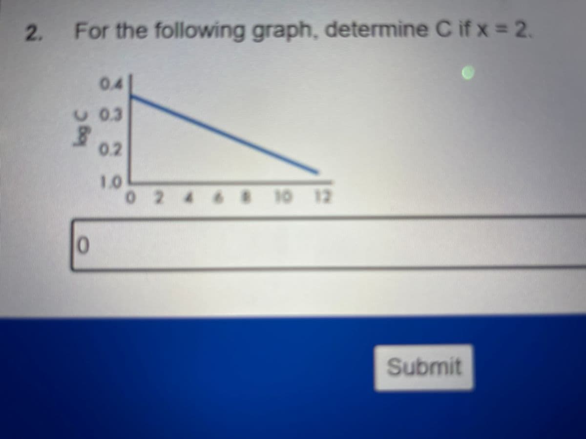 2.
For the following graph, determine C if x = 2₁
0.4
0.3
0.2
1.0
0246 8 10 12
bog C
0
Submit