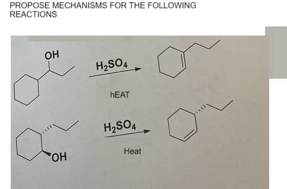 PROPOSE MECHANISMS FOR THE FOLLOWING
REACTIONS
OH
OH
H₂SO4
hEAT
H₂SO4
Heat