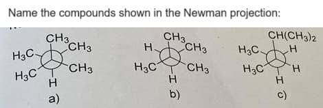 Name the compounds shown in the Newman projection:
CH3
H3C
H3C
CH3
Н
a)
CH3
CH3
Н.
H3C
-I
Н
b)
CH3
CH3
CH(CH3)2
H3C. H
H3C
H
c)
I