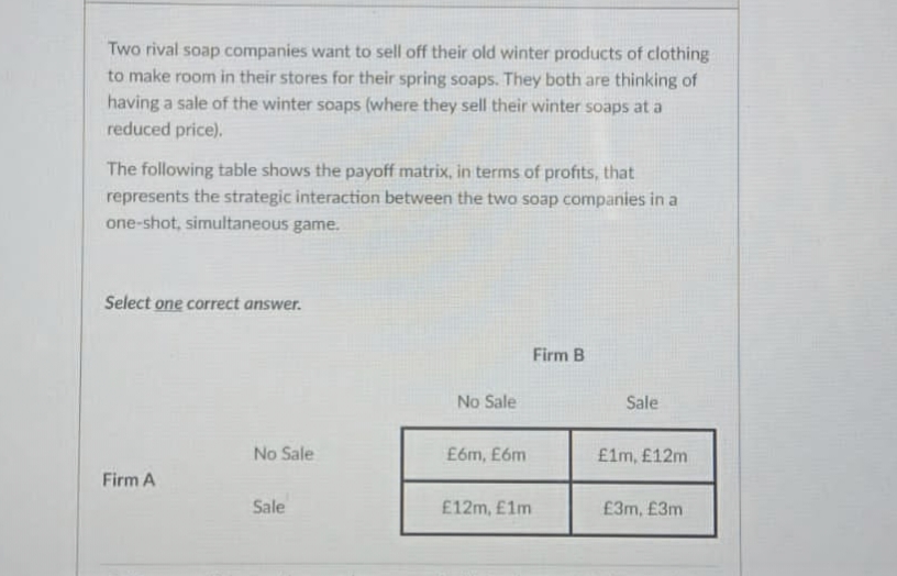 Two rival soap companies want to sell off their old winter products of clothing
to make room in their stores for their spring soaps. They both are thinking of
having a sale of the winter soaps (where they sell their winter soaps at a
reduced price).
The following table shows the payoff matrix, in terms of profits, that
represents the strategic interaction between the two soap companies in a
one-shot, simultaneous game.
Select one correct answer.
Firm A
No Sale
Sale
No Sale
£6m, £6m
£12m, £1m
Firm B
Sale
£1m, £12m
£3m, £3m