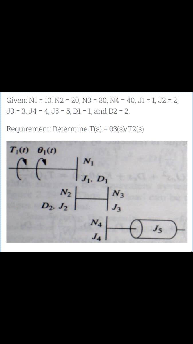 Given: N1 = 10, N2 = 20, N3 = 30, N4 = 40, J1 = 1, J2 = 2,
J3 = 3, J4 = 4, J5 = 5, D1 = 1, and D2 = 2.
Requirement: Determine T(s) = 03(s)/T2(s)
T₁(1) 0₁ (1)
CCI
N₂
D2. J2
N₁
J₁. Di
N3
J3
N ₂ O US
Js
J4