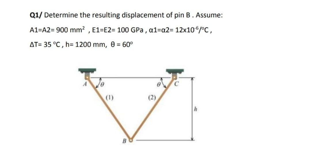Q1/ Determine the resulting displacement of pin B. Assume:
A1=A2= 900 mm? , E1=E2= 100 GPa , a1=a2= 12x106/°C,
AT= 35 °C, h= 1200 mm, 0 = 60°
(1)
(2)
B
