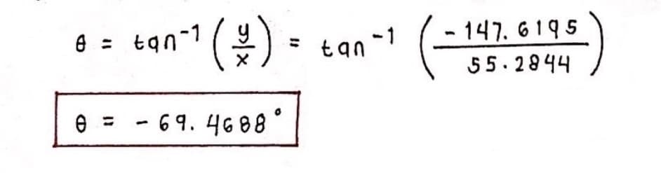 6 = tan-1 () =
tan -1
%3D
147. 6195
55. 2844
e = - 69. 46 88°
%3D

