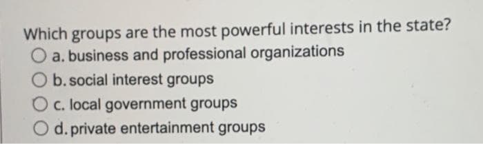 Which groups are the most powerful interests in the state?
O a. business and professional organizations
O b. social interest groups
O c. local government groups
O d. private entertainment groups
