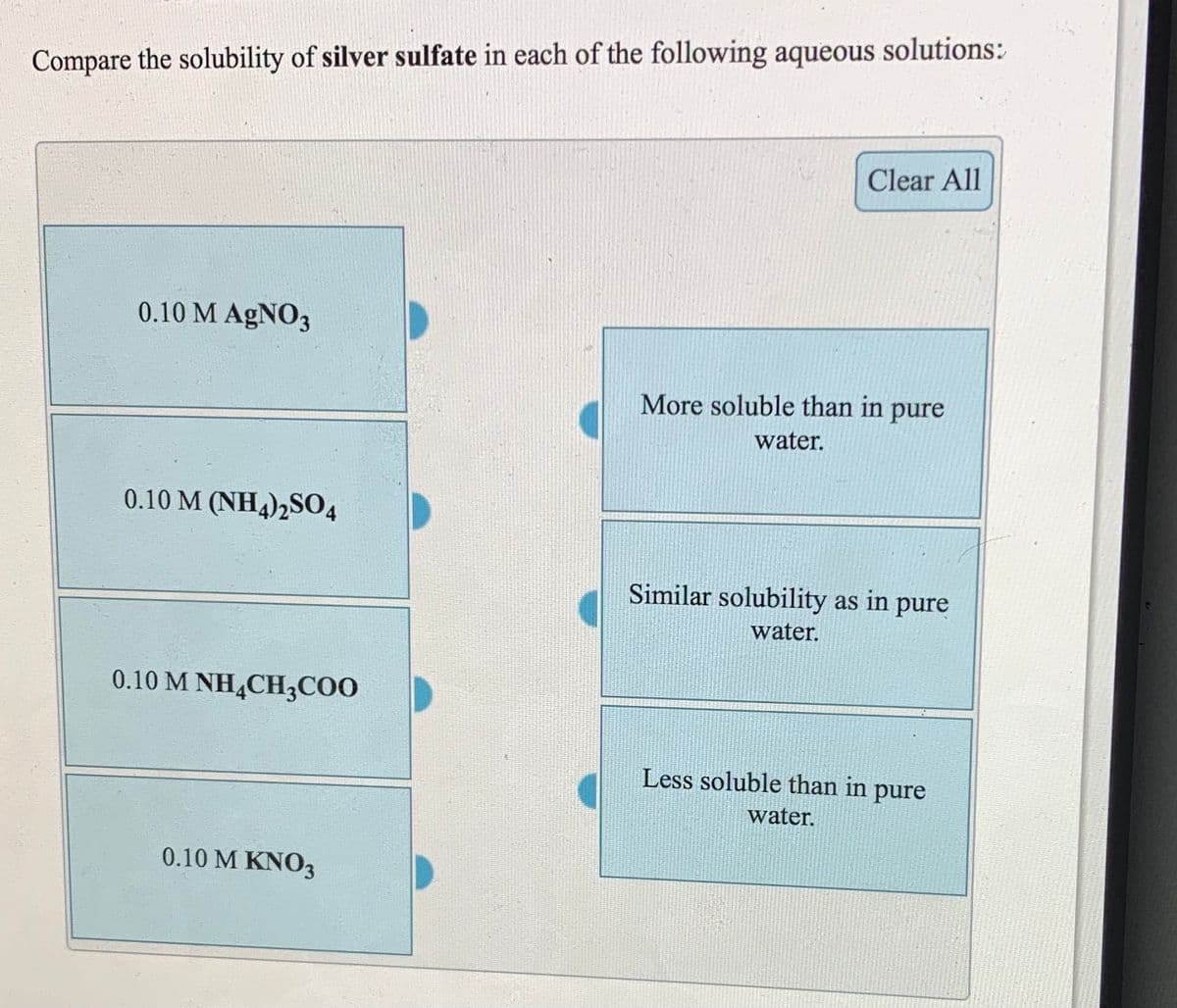 Compare the solubility of silver sulfate in each of the following aqueous solutions:
Clear All
0.10 M AGNO3
More soluble than in pure
water.
0.10 M (NH4)2SO4
Similar solubility as in pure
water.
0.10 M NH,CH,COO
Less soluble than in pure
water.
0.10 M KNO3
