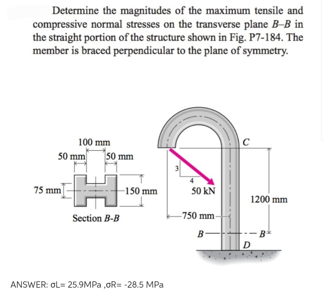 Determine the magnitudes of the maximum tensile and
compressive normal stresses on the transverse plane B-B in
the straight portion of the structure shown in Fig. P7-184. The
member is braced perpendicular to the plane of symmetry.
100 mm
50 mm
75 mm
50 mm
H
Section B-B
-150 mm
ANSWER: OL= 25.9MPa,oR= -28.5 MPa
3
4
50 KN
-750 mm
B
C
1200 mm
D
B