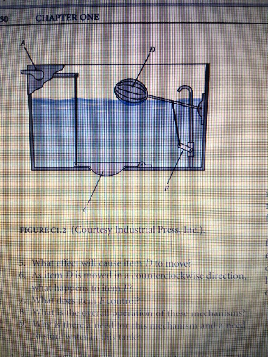 30
CHAPTER ONE
IGURE CL.2 (CCourtesy Industrial Press, Inc.).
15. What effect will cause item D to movef
6. As item Dis moved in a counterclockwise direction,
what happens to item F
7. What docs item fcontrol?
8. What is the overall opeation of these nechanisms?
9. Why is there a need for this mechanism and a need.
Lo store water in this tank?
