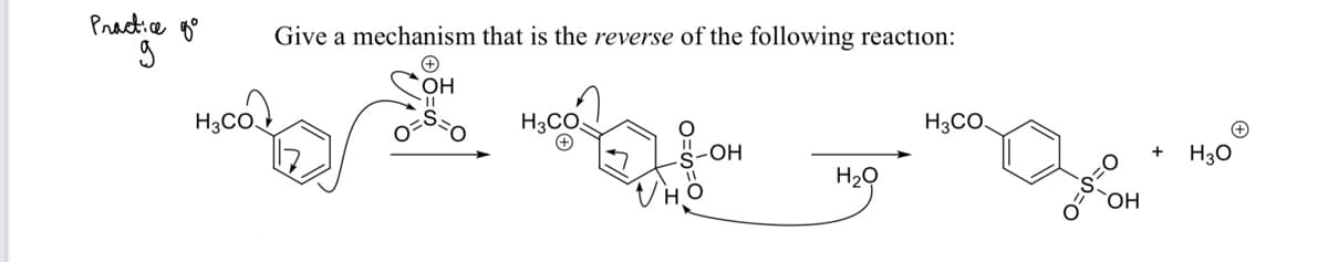 Practice g°
Give a mechanism that is the reverse of the following reaction:
HO.
H3CO.
H3CO.
H3CO.
+
H30
HO-
H2Q
HO
