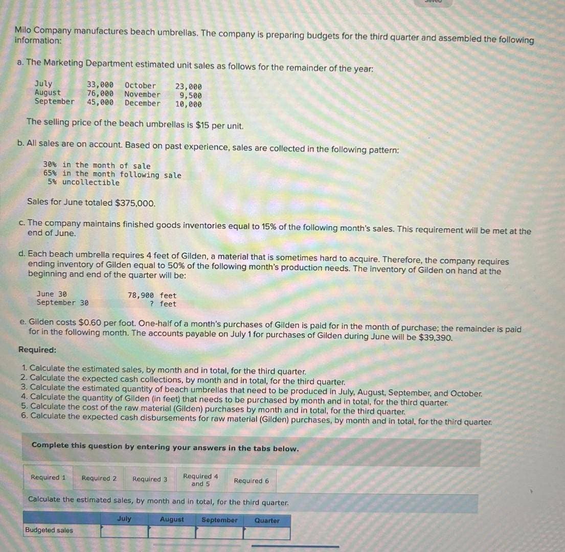 Milo Company manufactures beach umbrellas. The company is preparing budgets for the third quarter and assembled the following
information:
a. The Marketing Department estimated unit sales as follows for the remainder of the year:
33,000 October 23,000
76,000 November
9,500
10,000
July
August
September 45,000 December
The selling price of the beach umbrellas is $15 per unit.
b. All sales are on account. Based on past experience, sales are collected in the following pattern:
30% in the month of sale
65% in the month following sale
5% uncollectible
Sales for June totaled $375,000.
c. The company maintains finished goods inventories equal to 15% of the following month's sales. This requirement will be met at the
end of June.
d. Each beach umbrella requires 4 feet of Gilden, a material that is sometimes hard to acquire. Therefore, the company requires
ending inventory of Gilden equal to 50% of the following month's production needs. The inventory of Gilden on hand at the
beginning and end of the quarter will be:
June 30
September 30
e. Gilden costs $0.60 per foot. One-half of a month's purchases of Gilden is paid for in the month of purchase; the remainder is paid
for in the following month. The accounts payable on July 1 for purchases of Gilden during June will be $39,390.
Required:
1. Calculate the estimated sales, by month and in total, for the third quarter.
2. Calculate the expected cash collections, by month and in total, for the third quarter.
3. Calculate the estimated quantity of beach umbrellas that need to be produced in July, August, September, and October.
4. Calculate the quantity of Gilden (in feet) that needs to be purchased by month and in total, for the third quarter.
5. Calculate the cost of the raw material (Gilden) purchases by month and in total, for the third quarter.
6. Calculate the expected cash disbursements for raw material (Gilden) purchases, by month and in total, for the third quarter.
Complete this question
78,900 feet
? feet
Required 1
Required 4
and 5
Calculate the estimated sales, by month and in total, for the third quarter.
July
August September Quarter
Budgeted sales
Required 2
entering your answers in the tabs below.
Required 3
Required 6