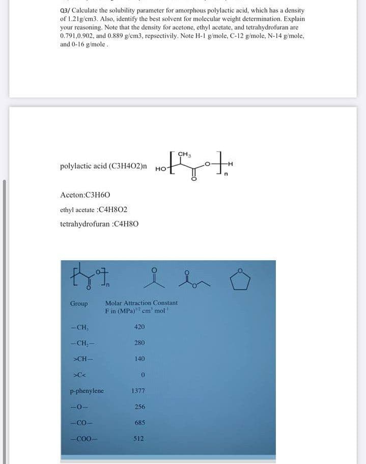 Q3/ Caleulate the solubility parameter for amorphous polylactie acid, which has a density
of 1.21g/cm3. Also, identify the best solvent for molecular weight determination. Explain
your reasoning. Note that the density for acetone, ethyl acetate, and tetrahydrofuran are
0.791,0.902, and 0.889 g/cm3, repsectivily. Note H-1 g/mole, C-12 g/mole, N-14 g/mole,
and 0-16 g/mole.
CH3
-H
polylactic acid (C3H402)n
но
Aceton:C3H60
ethyl acetate :C4H8O2
tetrahydrofuran :C4H80
人人
Group
Molar Attraction Constant
Fin (MPa) cm' mol
-CH,
420
--CH, -
280
>CH-
140
>C<
0.
P-phenylene
1377
-0-
256
-CO-
685
-COO
512
