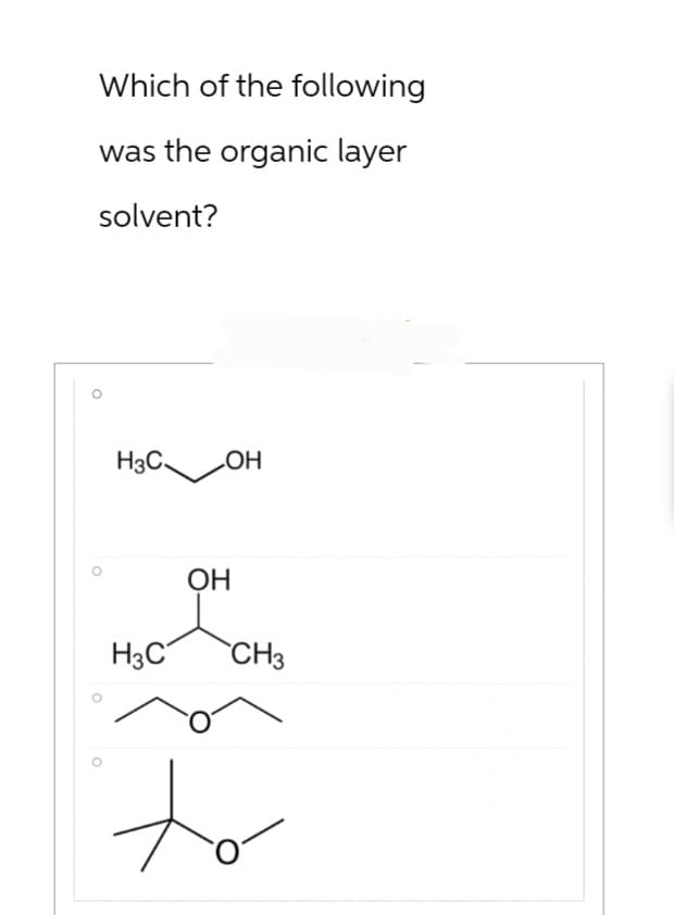 Which of the following
was the organic layer
solvent?
H3C OH
H3C
OH
CH3
to