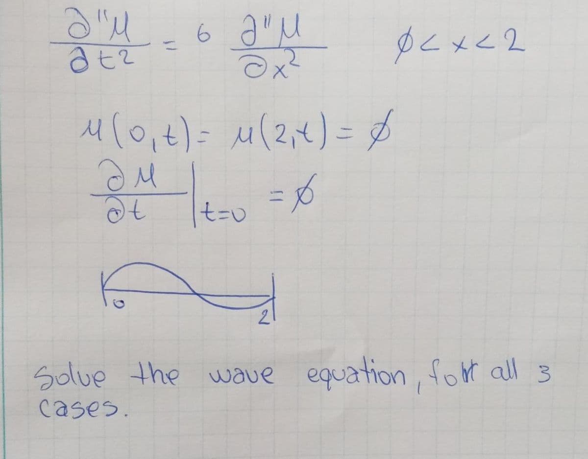 6 a"M
%3D
ulo,t)= M(2,*) =
2
Solue the wave equation, fot all 3
cases.
