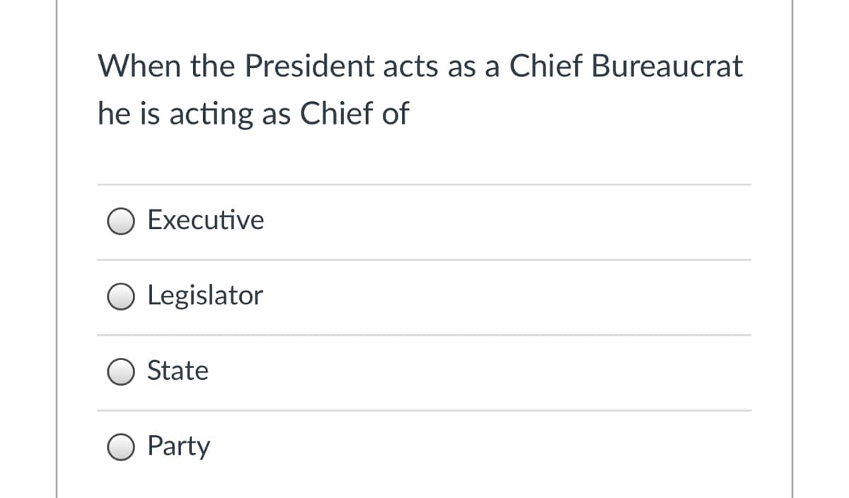 When the President acts as a Chief Bureaucrat
he is acting as Chief of
Executive
O Legislator
State
O Party
