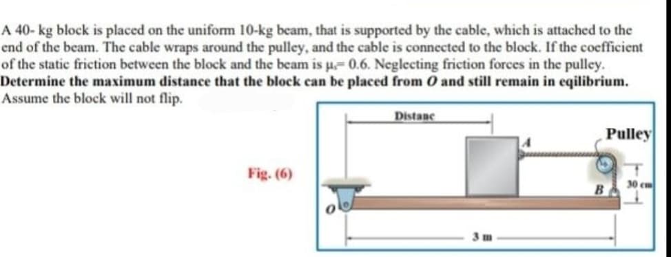 A 40- kg block is placed on the uniform 10-kg beam, that is supported by the cable, which is attached to the
end of the beam. The cable wraps around the pulley, and the cable is connected to the block. If the coefficient
of the static friction between the block and the beam is u,-0.6. Neglecting friction forces in the pulley.
Determine the maximum distance that the block can be placed from 0 and still remain in eqilibrium.
Assume the block will not flip.
Distanc
Fig. (6)
m
B
Pulley
30 cm