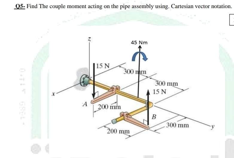 05- Find The couple moment acting on the pipe assembly using. Cartesian vector notation.
45 Nm
15 N
300 m
300 mm
15 N
200 mm
В
300 mm
200 mm
0-TIT GREL
