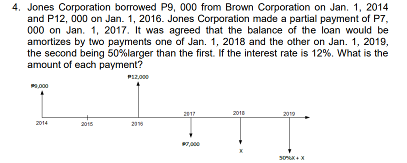 4. Jones Corporation borrowed P9, 000 from Brown Corporation on Jan. 1, 2014
and P12, 000 on Jan. 1, 2016. Jones Corporation made a partial payment of P7,
000 on Jan. 1, 2017. It was agreed that the balance of the loan would be
amortizes by two payments one of Jan. 1, 2018 and the other on Jan. 1, 2019,
the second being 50%larger than the first. If the interest rate is 12%. What is the
amount of each payment?
P12,000
P9,000
2017
2018
2019
2014
2015
2016
P7,000
50%X + X
