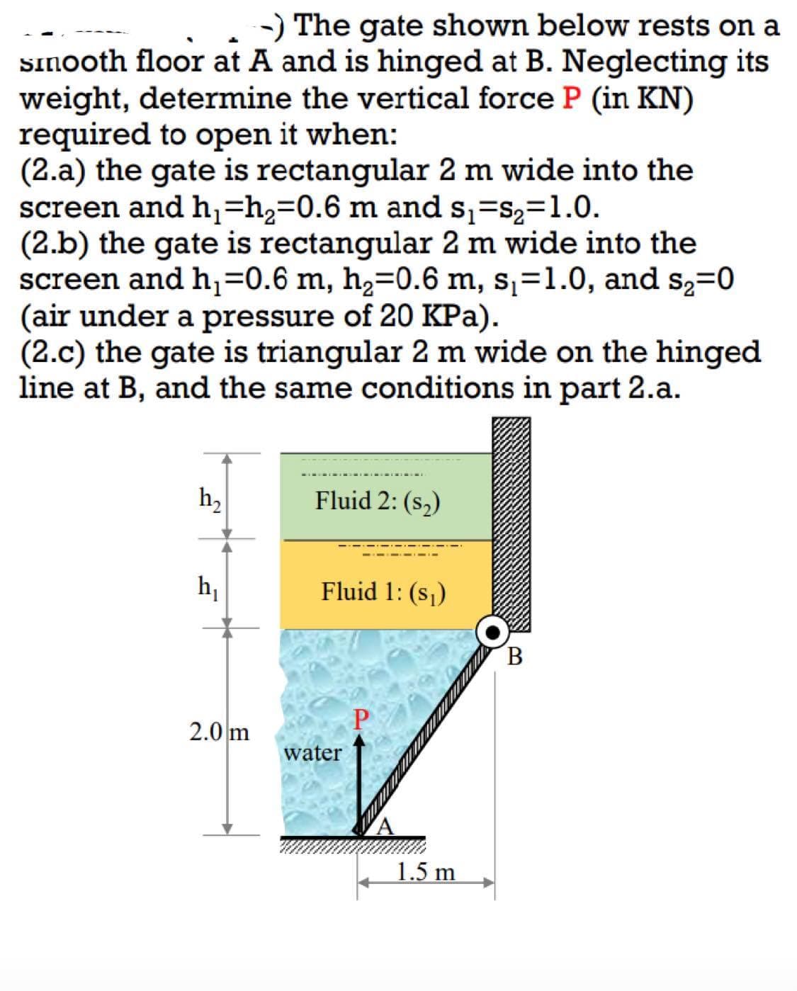 -) The gate shown below rests on a
smooth floor at A and is hinged at B. Neglecting its
weight, determine the vertical force P (in KN)
required to open it when:
(2.a) the gate is rectangular 2 m wide into the
screen and h₁=h₂=0.6 m and s₁ s₂=1.0.
(2.b) the gate is rectangular 2 m wide into the
screen and h₁=0.6 m, h₂=0.6 m, s₁=1.0, and s₂=0
(air under a pressure of 20 KPa).
(2.c) the gate is triangular 2 m wide on the hinged
line at B, and the same conditions in part 2.a.
h₂
Fluid 2: (S₂)
h₁
Fluid 1: (S₁)
2.0 m
water
1.5 m
B