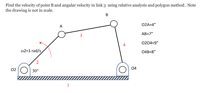 Find the velocity of point B and angular velocity in link 3 using relative analysis and polygon method. Note
the drawing is not in scale.
B
02
@2=1 rad/s
2
30°
A
1
3
4
04
02A=4"
AB=7"
0204-=9"
04B=8"