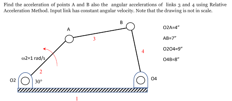 Find the acceleration of points A and B also the angular accelerations of links 3 and 4 using Relative
Acceleration Method. Input link has constant angular velocity. Note that the drawing is not in scale.
@2=1 rad/s
02 O
2
30°
A
3
B
(0)
04
02A=4"
AB=7"
0204=9"
04B-8"