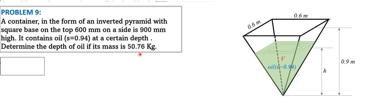 PROBLEM 9:
A container, in the form of an inverted pyramid with
square base on the top 600 mm on a side is 900 mm
high. It contains oil (s=0.94) at a certain depth.
Determine the depth of oil if its mass is 50.76 Kg.
0.6 m
0.6 m
IV
oil(s 0.94)
h
0.9 m