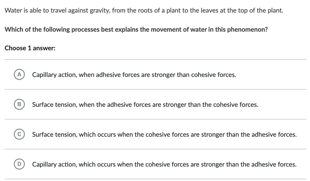 Water is able to travel against gravity, from the roots of a plant to the leaves at the top of the plant.
Which of the following processes best explains the movement of water in this phenomenon?
Choose 1 answer:
A Capillary action, when adhesive forces are stronger than cohesive forces.
B
Surface tension, when the adhesive forces are stronger than the cohesive forces.
Surface tension, which occurs when the cohesive forces are stronger than the adhesive forces.
Capillary action, which occurs when the cohesive forces are stronger than the adhesive forces.