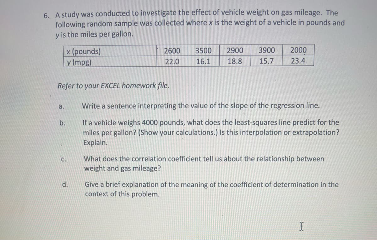 6. A study was conducted to investigate the effect of vehicle weight on gas mileage. The
following random sample was collected where x is the weight of a vehicle in pounds and
y is the miles per gallon.
a.
Refer to your EXCEL homework file.
b.
x (pounds)
y (mpg)
C.
2600
22.0
d.
3500
16.1
2900 3900
18.8
15.7
2000
23.4
Write a sentence interpreting the value of the slope of the regression line.
If a vehicle weighs 4000 pounds, what does the least-squares line predict for the
miles per gallon? (Show your calculations.) Is this interpolation or extrapolation?
Explain.
What does the correlation coefficient tell us about the relationship between
weight and gas mileage?
Give a brief explanation of the meaning of the coefficient of determination in the
context of this problem.
I