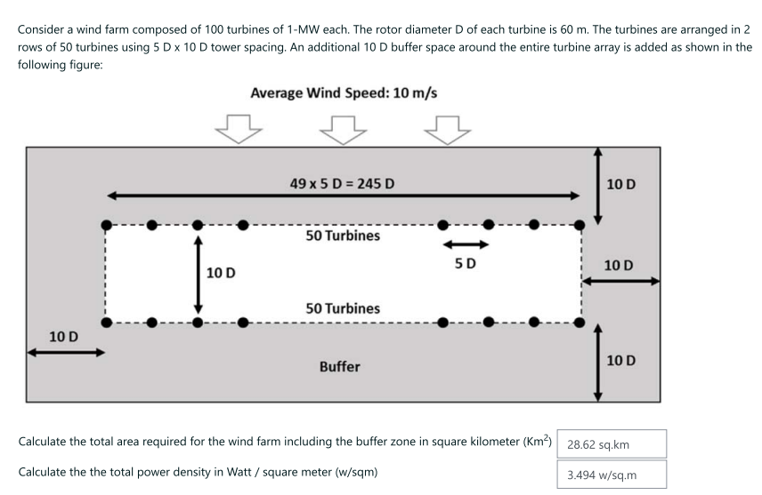 Consider a wind farm composed of 100 turbines of 1-MW each. The rotor diameter D of each turbine is 60 m. The turbines are arranged in 2
rows of 50 turbines using 5 D x 10 D tower spacing. An additional 10 D buffer space around the entire turbine array is added as shown in the
following figure:
10 D
10 D
Average Wind Speed: 10 m/s
49 x 5 D = 245 D
50 Turbines
50 Turbines
Buffer
5D
10 D
10 D
10 D
Calculate the total area required for the wind farm including the buffer zone in square kilometer (Km²) 28.62 sq.km
Calculate the the total power density in Watt / square meter (w/sqm)
3.494 w/sq.m