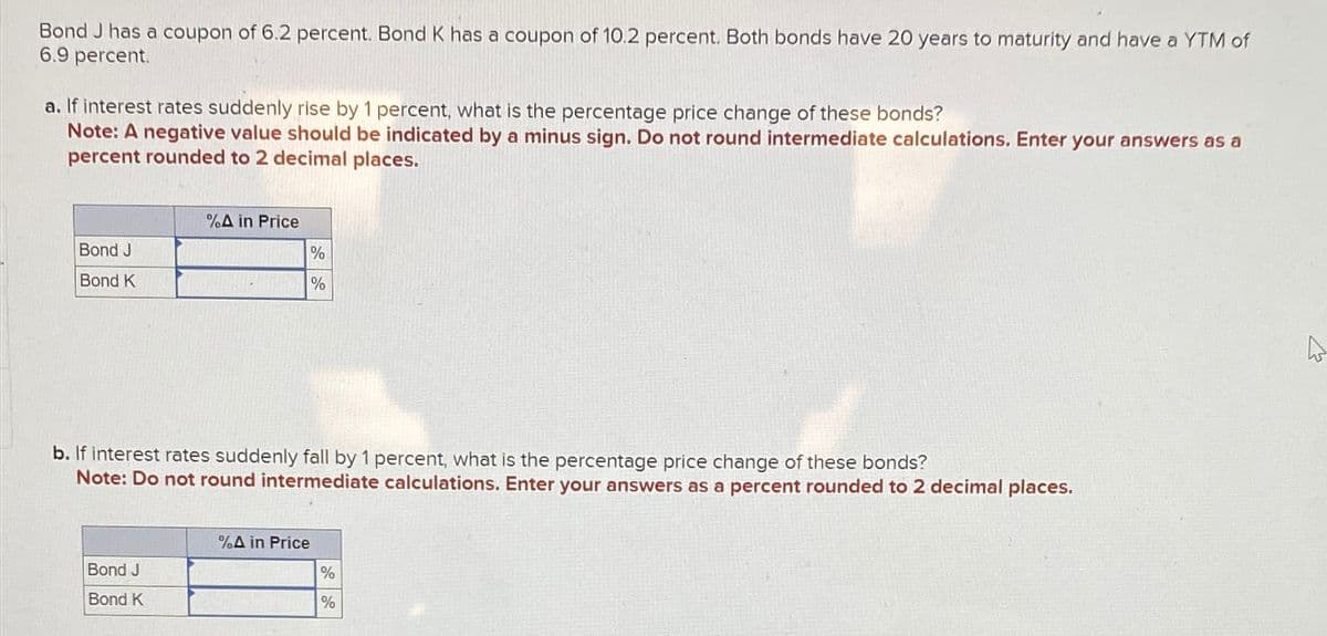 Bond J has a coupon of 6.2 percent. Bond K has a coupon of 10.2 percent. Both bonds have 20 years to maturity and have a YTM of
6.9 percent.
a. If interest rates suddenly rise by 1 percent, what is the percentage price change of these bonds?
Note: A negative value should be indicated by a minus sign. Do not round intermediate calculations. Enter your answers as a
percent rounded to 2 decimal places.
Bond J
Bond K
%A in Price
%
%
b. If interest rates suddenly fall by 1 percent, what is the percentage price change of these bonds?
Note: Do not round intermediate calculations. Enter your answers as a percent rounded to 2 decimal places.
%A in Price
Bond J
%
Bond K
%