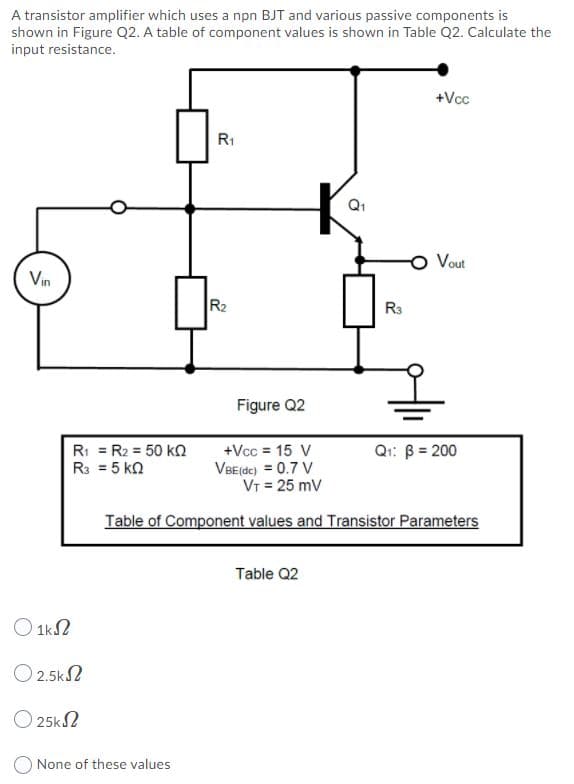 A transistor amplifier which uses a npn BJT and various passive components is
shown in Figure Q2. A table of component values is shown in Table Q2. Calculate the
input resistance.
+Vcc
R1
Q1
Vout
Vin
R2
R3
Figure Q2
R: = R2 = 50 kn
R3 = 5 kn
+Vcc = 15 V
VBE(dc) = 0.7 V
VT = 25 mV
Q: B = 200
Table of Component values and Transistor Parameters
Table Q2
O 1k2
O 2.5k2
O 25k2
None of these values
