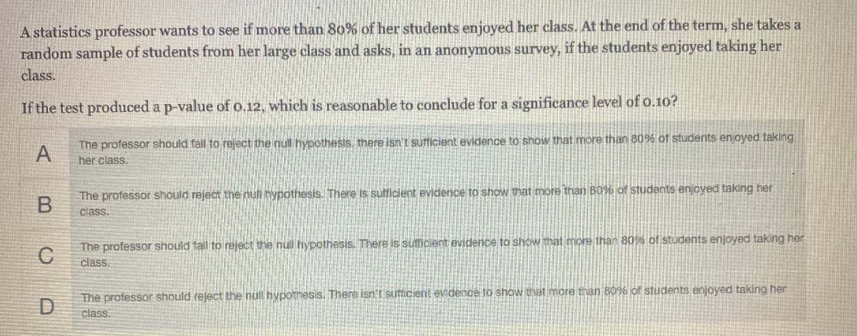 A statistics professor wants to see if more than 80% of her students enjoyed her class. At the end of the term, she takes a
random sample of students from her large class and asks, in an anonymous survey, if the students enjoyed taking her
class.
If the test produced a p-value of o.12, which is reasonable to conclude for a significance level of o.10?
The professor should fall to reject the nul hypothesis. there isn't sufficient evidence to show that more than 80% of students enjoyed taking
her class.
The professor should reject the nul hypothesis. There is sufficient evidence to show that more than 80% of students enjoyed taking her
B.
class.
The professor should fall to reject the null hypothesis. There is sufficlent evidence to shów that more than 80% of students enjoyed taking her
C
class.
The professor should reject the null hypothesis. There isnt sutticient evidence to show that more than 80% of students enjoyed taking her
D
class.

