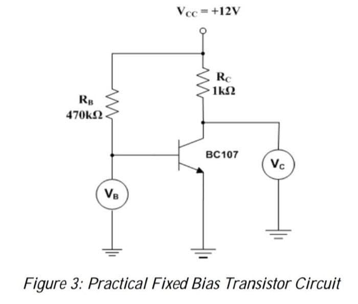 Vcc = +12V
Rc
1k2
RB
470k2
BC107
Vc
VB
Figure 3: Practical Fixed Bias Transistor Circuit
